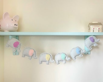 Blue Pink Wooden Elephant Bunting Garland Wall Hanging Nursery Baby Christening 