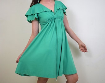 SALE 1970's Capelet Dress/1970's Mini Dress/1970's Disco Dress/ Dress/Jade Green Dress/Boogie Nights Dress/Saturday Night Fever/Small/Medium