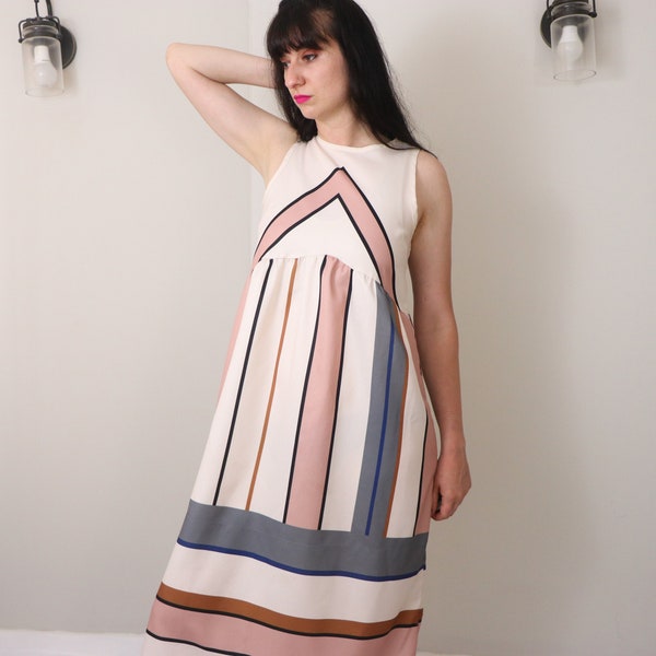SALE Minimalist Summer Dress/ Geometric Mod Dress/ Sleeveless Bold Print Pastel Dress/ Chic Neutral Tone Dress/ Size Medium Ultra Minimalist