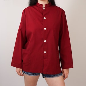 SALE 1980s Ultra Minimalist Linen Shirt/ Men's Vintage Red Cotton Shirt/ Unisex Nehru Collar/ Crisp Shirt with Pockets/ Men's Size Medium image 1