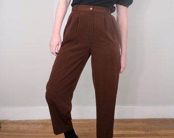 1980's High Waist Pleated Trousers/ Vintage Cropped Pants/ Brown Tapered Pleated Trouser/ 29" Waist