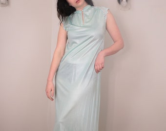 1970's Teal Silky Slip Dress/ Vintage Disco Maxi Dress/ Teal Blue Evening Dress with Lace/ Sexy and Cool Long Dress