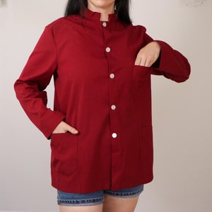 SALE 1980s Ultra Minimalist Linen Shirt/ Men's Vintage Red Cotton Shirt/ Unisex Nehru Collar/ Crisp Shirt with Pockets/ Men's Size Medium image 4