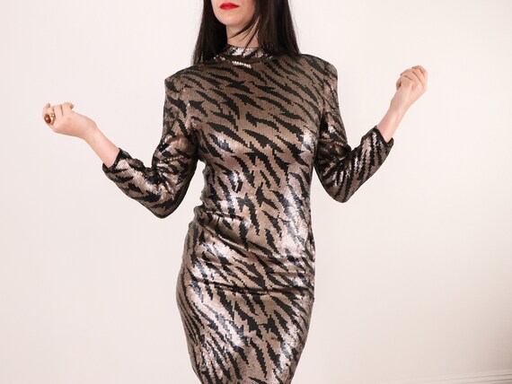 1980s Sequins Dress/ Vintage Animal Print Dress/ … - image 1