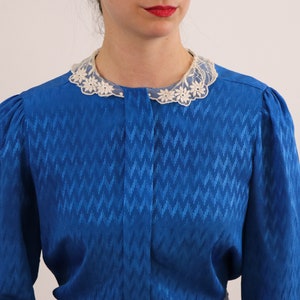 1980s Blouse/ Eighties Blouse/ Blouse with Lace Collar/ Vintage Lace/ Blue Shirt/ Prairie Blouse/ Size Medium image 4