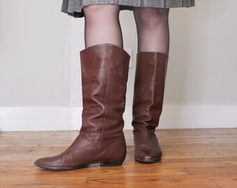 Vintage Mid Calf Boots/ 80's Leather Boots/ Brown Boots