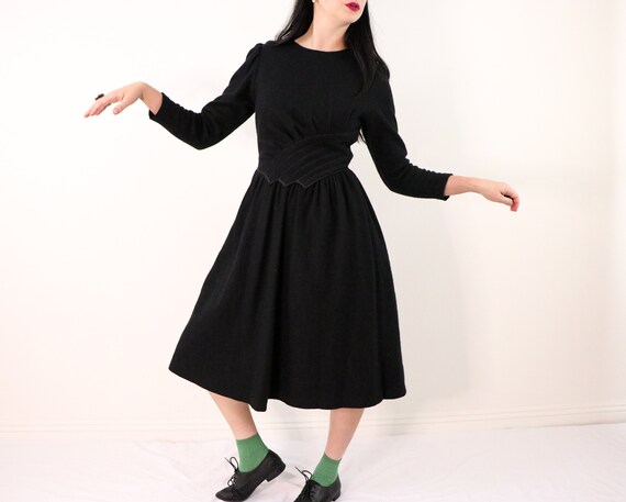 1980's Black Wool Dress/1980's Black Dress With Sh