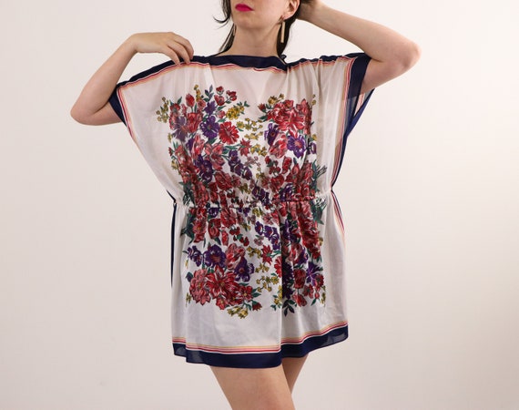 1970's Tunic Dress/Floral Tunic Top/1970's Tunic T