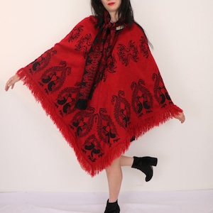 SALE Vintage Knit Poncho/ 1960&#39;s Black and Red Poncho/ Peacock Print Cape/ Boho Western Poncho/ 60s Ornate Shawl/ One Size Fits All