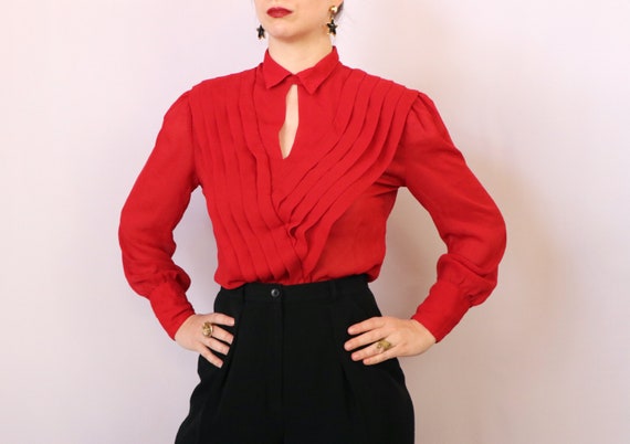 1980's Paneled Blouse/1980's Sheer Red Blouse/1980
