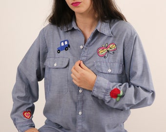 1970's Cotton Chambray Shirt/1970's Big Mac Shirt/1970's Embroidered Shirt/1970's Chambray Shirt/70's JCPenney Shirt/Unisex Shirt