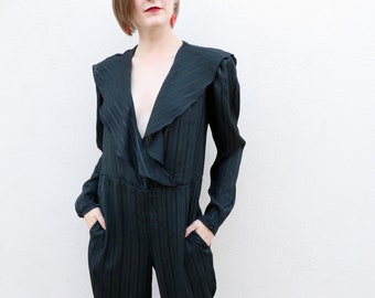 1980's Black Jumpsuit/1980's Jumpsuit with Pockets/1980's Sheer Jumpsuit/1980's Jumpsuit with Shoulder Pads/Vintage Jumpsuit/Size Medium
