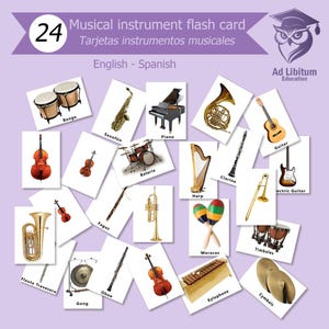 Tarjetas de 24 Instrumentos Musicales | Flashcards PDF para Aprender Instrumentos | Español | English | Material didáctico musical | Educar