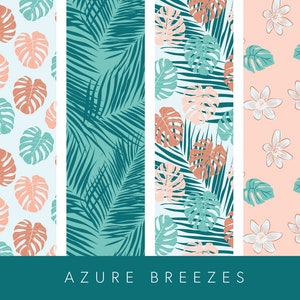 Azure Breezes: Enchanting Bundle of 6 Tropical Blue Leaf and Flower Patterns for a Serene Escape