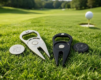 May include: Two metal golf divot repair tools with integrated bottle openers and magnetic ball markers. One tool is silver with a circular marker engraved with the name BILLY, and the other is black with a circular marker engraved with the name LUKE.