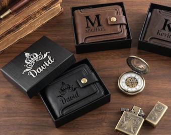 Personalized Mens Wallet with Custom Gift Box,Engraved Leather Wallet,Custom Zipper Wallet for Men,Anniversary Gift for Him,Gifts for Men