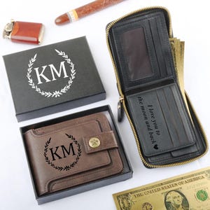 Cartera personalizada para hombre con caja de regalo personalizada, cartera de cuero grabada, cartera con cremallera personalizada para hombre, regalo de aniversario para él, regalos para hombres