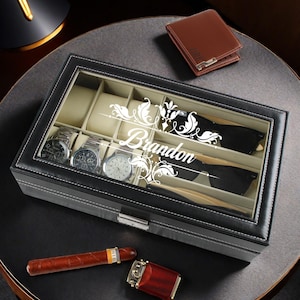 Gepersonaliseerde lederen horlogedoos, aangepaste horlogedoos voor mannen, zonnebrillendoos, opberger voor zonnebrillen en horloges, cadeau voor vader, cadeau echtgenoot, cadeau vriendje