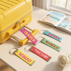 May include: A yellow suitcase with a silver zipper and handle, with colorful luggage tags attached. The tags are pink, blue, green, red, and yellow, with the words "TRAVER", "SIERRA", "WANDER", "Your Logo", and "NOMAD" printed on them.
