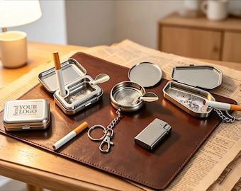 May include: A collection of silver-toned metal smoking accessories including a rectangular case with the text SEND YOUR LOGO, a portable ashtray with a cigarette holder, a circular keychain ashtray, a coffin-shaped ashtray, and a rectangular lighter.