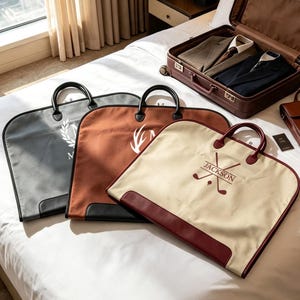 Puede incluir: Tres fundas para ropa en gris, marrón y crema, cada una con dos asas y bordado personalizado. La bolsa crema muestra el nombre JACKSON con palos de golf cruzados. Una maleta marrón con ropa doblada y un maletín pequeño se encuentran cerca en la cama.