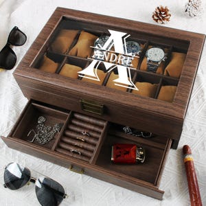Portagioie personalizzato per uomo, porta orologi personalizzato da 3/6/10/12 scomparti, custodia per orologi in pelle effetto legno, anniversario per lui, ottimo regalo per uomo