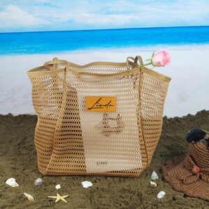 Personalisierte große Mesh-Strandtasche mit Minitasche, faltbare Strand-Mesh-Einkaufstasche für Strand-Picknickurlaub Benutzerdefinierte Namenstasche