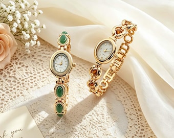 Vintage Gold Emerald Jade-Style Bracelet Watch, Art Deco Jewelry timepiece