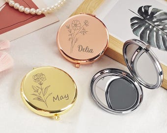 Personalized Compact Mirror with Birth Flower,Collapsible Mirror,Bridesmaid Proposal,Engraved Pocket Mirror,Birthday Gifts,Custom Name Gifts