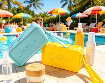 Personalized Beach Makeup Bag, Waterproof Beach Pouch, Beach Cosmetic Bag, Silicone Makeup Bag, Beach Bachelorette Party Gift