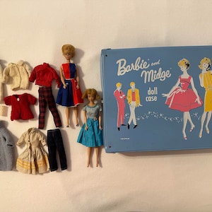 Vintage 1960's Mattel BARBIE & MIDGE in Original Blue Vinyl Doll Case and Clothes