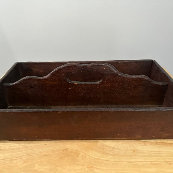 Antique American Cutlery Tray, Country Farmhouse, Primitive Utensil Tray, Divided Knife Box with Handle, 2 Way Divided Wood Box, Tool Caddy