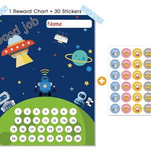 May include: A blue and green space-themed reward chart with 30 stickers. The chart features a spaceship, a robot, and an astronaut. The chart has a space for a name and 30 numbered spaces for stickers. The stickers are colorful and feature different designs, including thumbs up, trophies, ribbons, crowns, and stars.