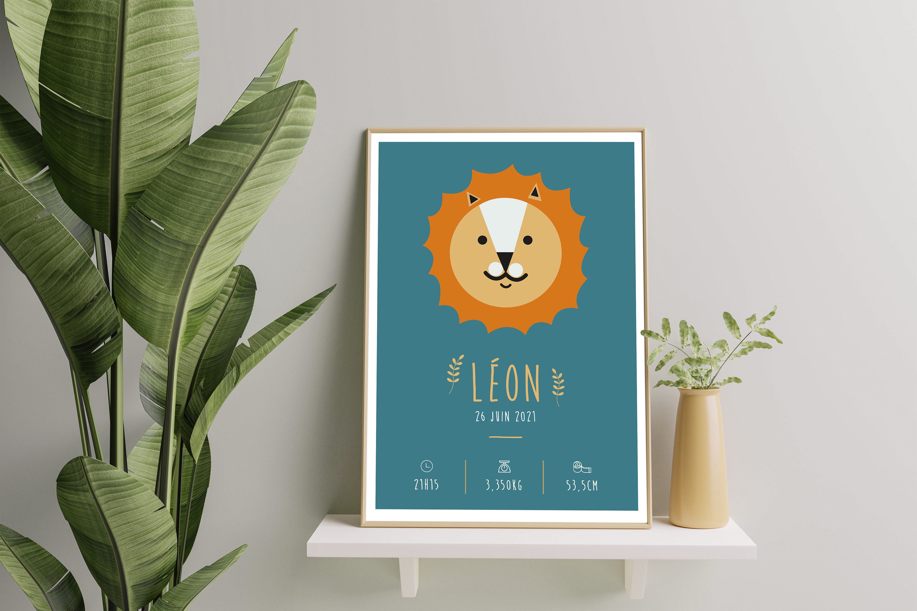Affiche de Naissance Personnalisée Lion - Bleu A4