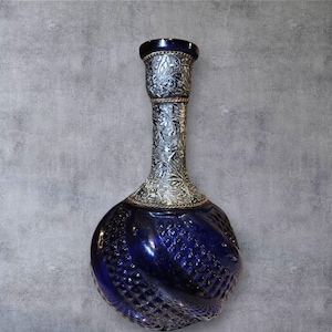 Vintage Rare Turkish Cobalt Blue vase Bottle With Silver coloured Metal vase,antique home decor