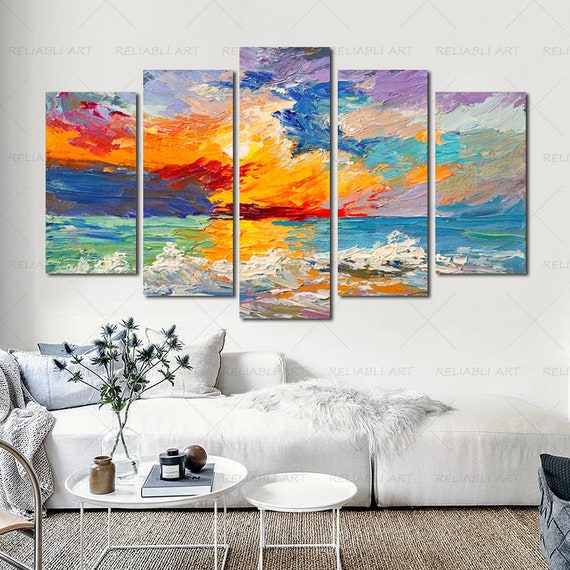 5 Panels Sunset Oil Painting on Canvas Colorful Abstract Art Etsy