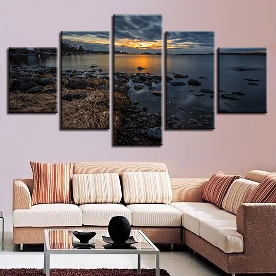 Sea Stone Sunset Landscape 5 Panels Canvas Print Wall Arthd - Etsy