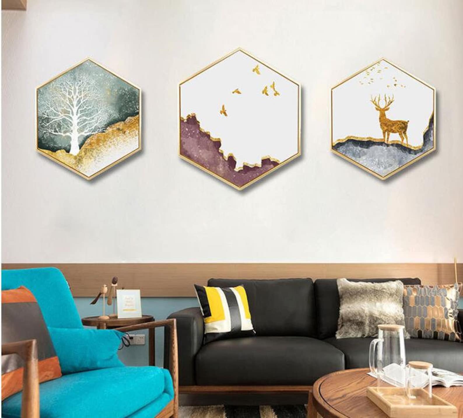 Abstract Tree Painting Hexagon Canvas Print Hotel Bedroom Wall | Etsy