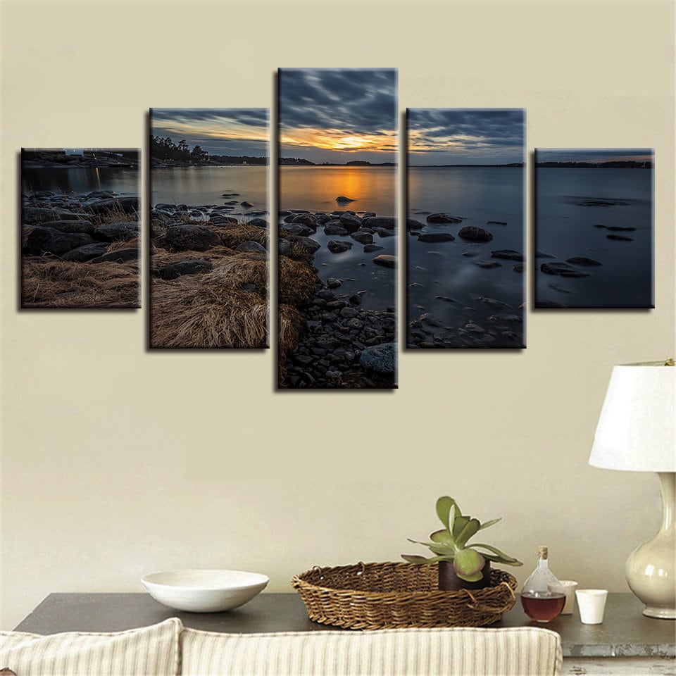 Sea Stone Sunset Landscape 5 Panels Canvas Print Wall Arthd - Etsy