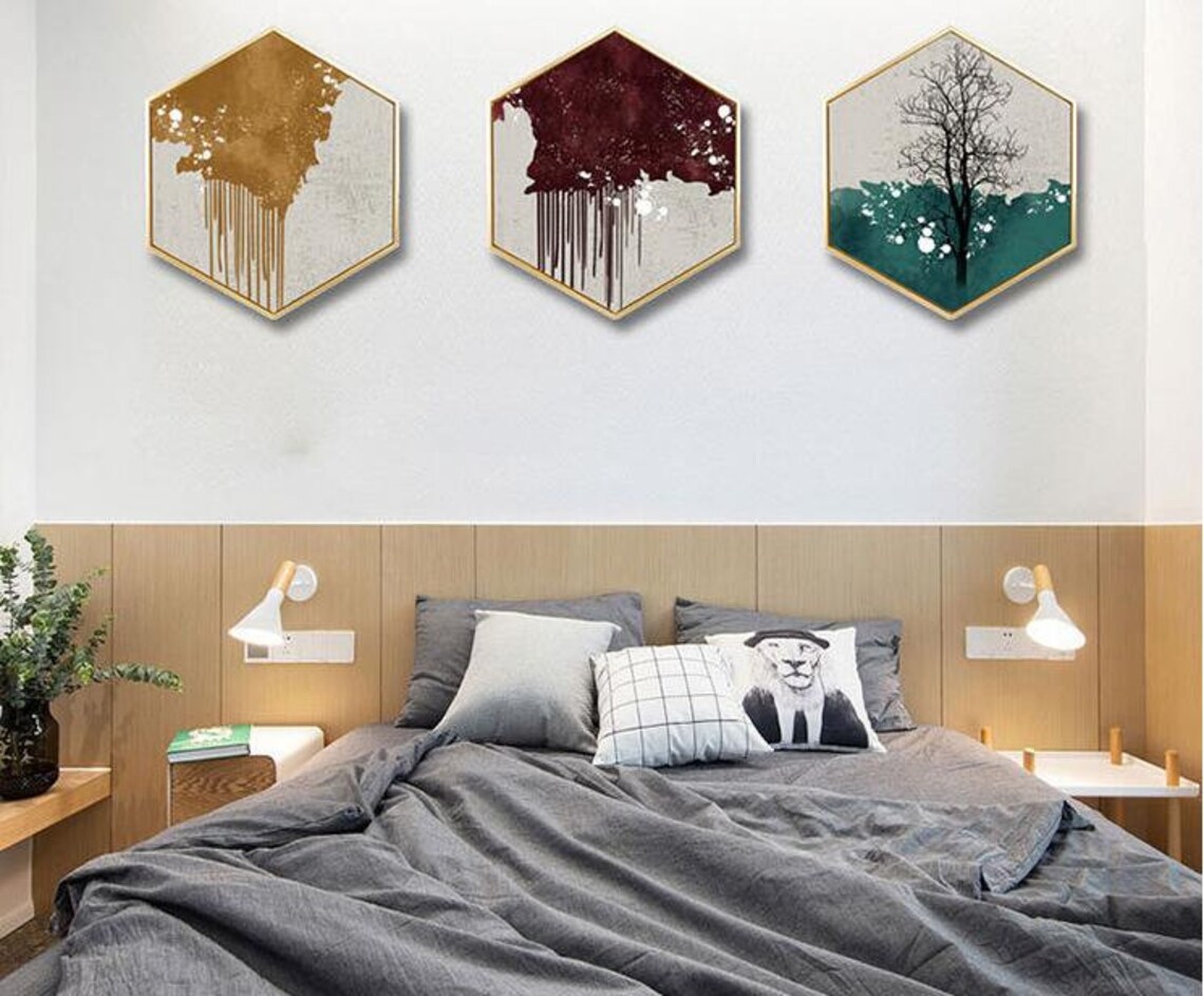 Abstract Tree Painting Hexagon Canvas Print Hotel Bedroom Wall | Etsy