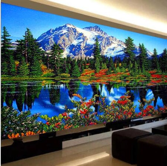 Large Diamond Painting 5D Full Square Round Diamond Embroidery Mosaic Green  Mountain Rivers Nature Aisle Entrance Decoration 