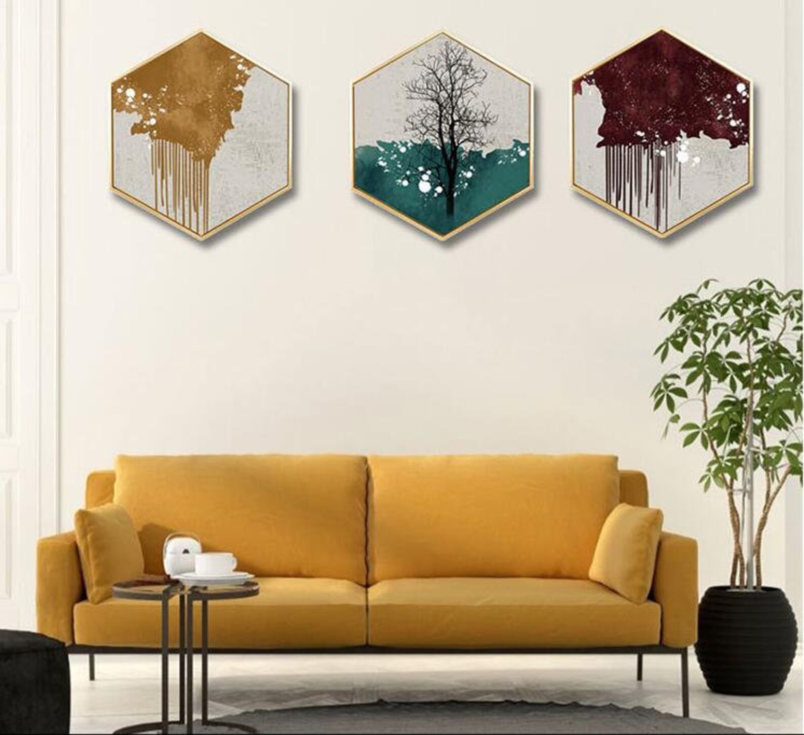 Abstract Tree Painting Hexagon Canvas Print Hotel Bedroom Wall | Etsy