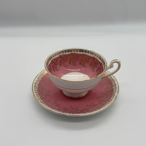 Shelley England Teacup & Saucer ~ Pink, White, Gold ~ Fine Bone China Made in English ~ Wedding Bridal Baby Shower Gift Party Favor