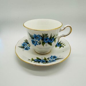 Queen Anne Vintage Floral Teacup ~ Fine Bone China, Made in England ~ Blue flowers Gold Trim Collectible Coffee Mug Wedding Favor