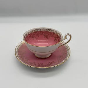 Shelley England Teacup & Saucer ~ Pink, White, Gold ~ Fine Bone China Made in English ~ Wedding Bridal Baby Shower Gift Party Favor