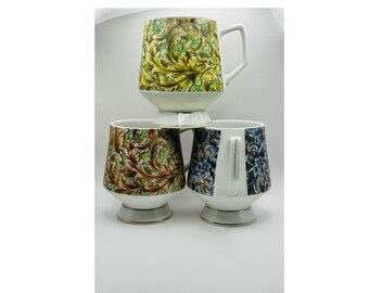 Trio of Vintage Paisley Mugs - Japanese 1960's MCM Retro - Green Yellow Blue Leaf Scrolls - Pedestal