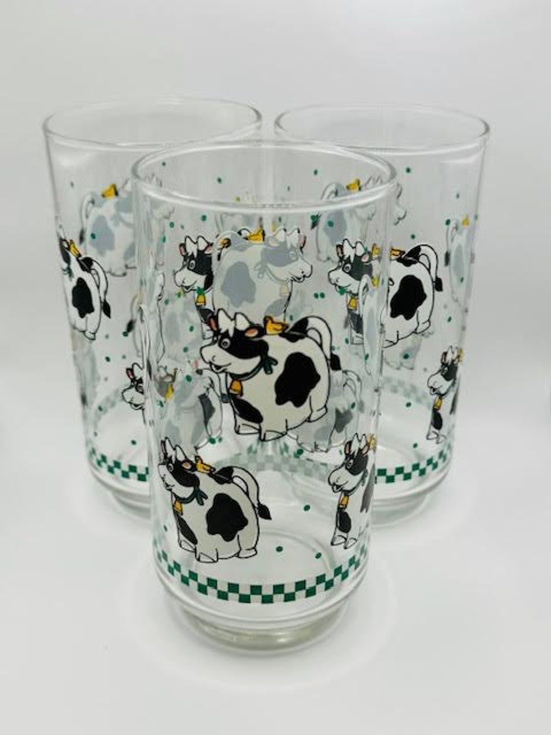 Happy Cow Vintage Tumbler Glasses Set of 3 Libbey Glassware Green and