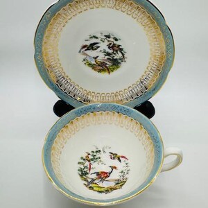 On Hold - DONT BUY Vintage Royal Grafton BIRDS Blue and Gold Bone China Cup and Saucer Set 1869 - Made in England