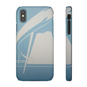 May include: A light blue phone case with a white architectural design. The case is shown from the front and side, showcasing the design and the phone's camera and buttons.
