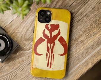 Mandalorian telefoonhoesje met Boba Fett-embleem en Star Wars beschermhoes.
